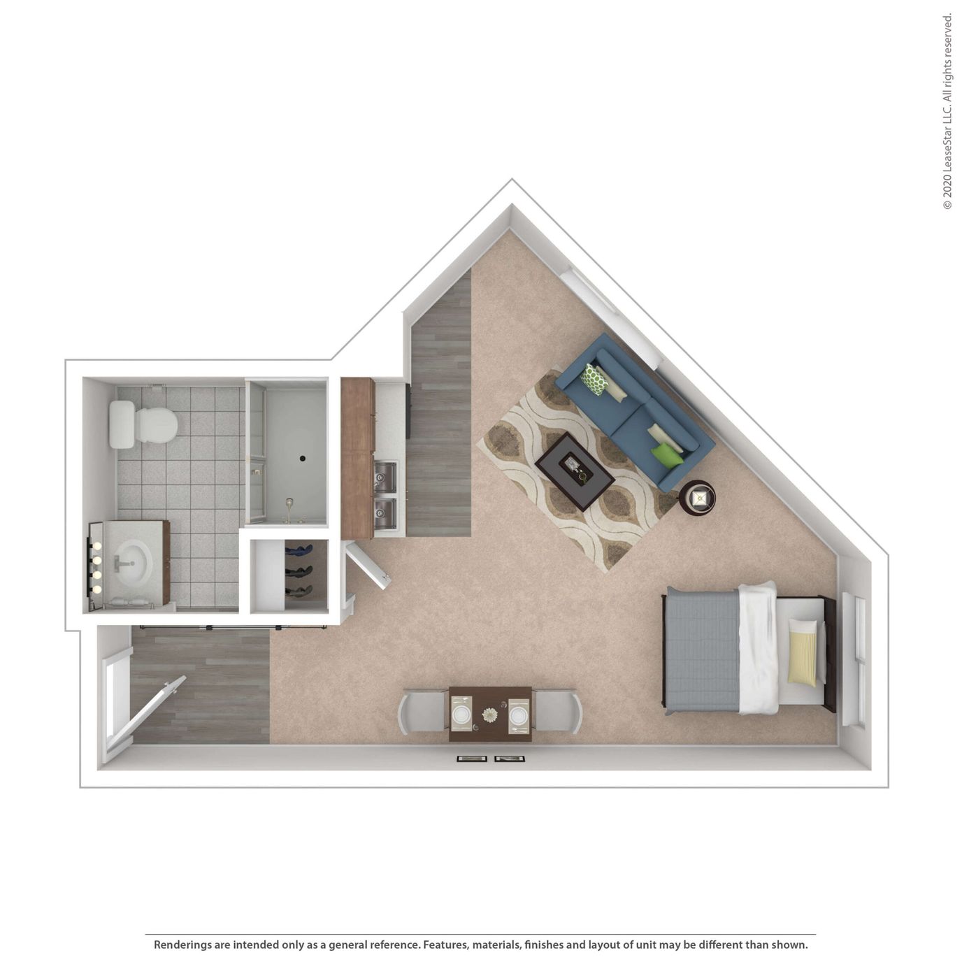 Interior layout of a resident room with furnishings
