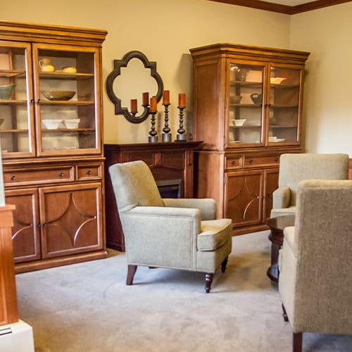 Interior common area with seating and cabinets