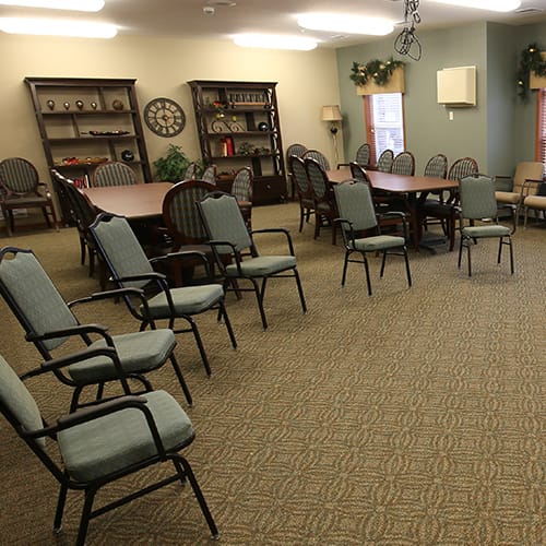 Interior common area with seating and tables