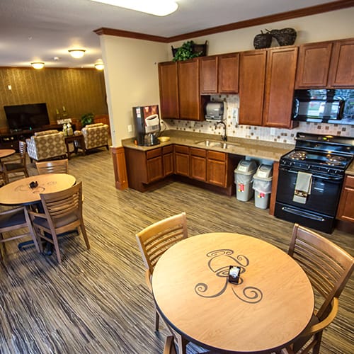 Bright dining area with modern kitchen features