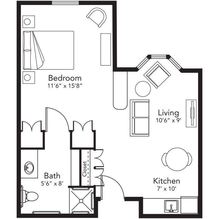 Architectural floor plan of a one-bedroom apartment