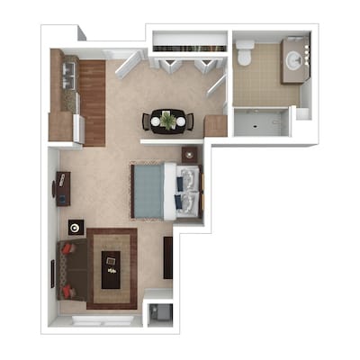 Layout of a private resident room in a senior facility