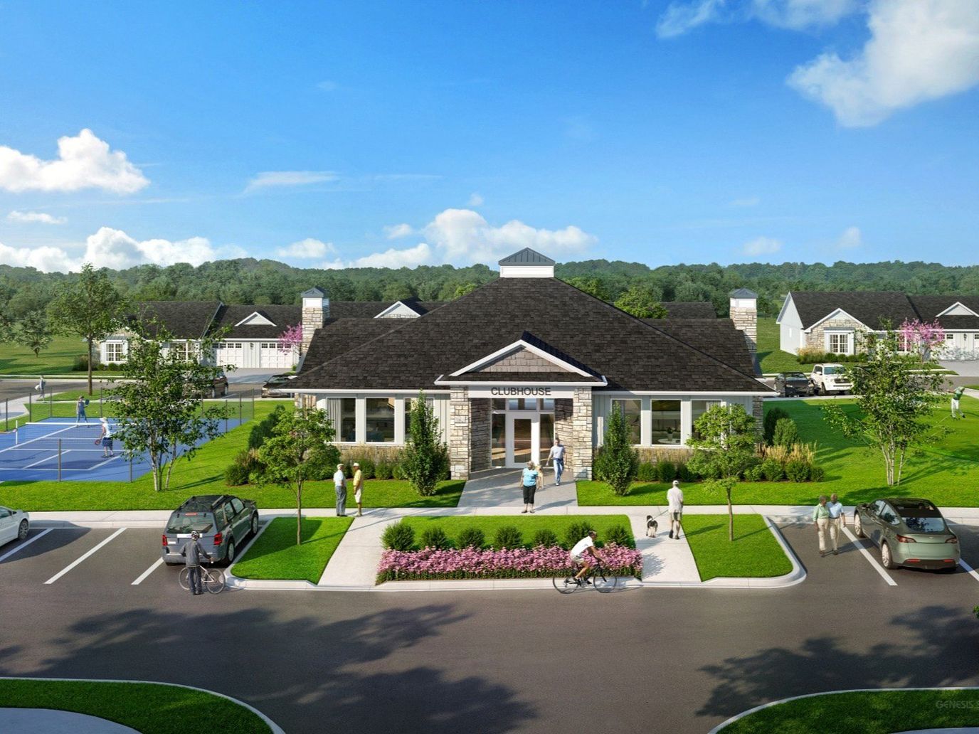 Exterior view of Cedarhurst of Springfield with residents and cars