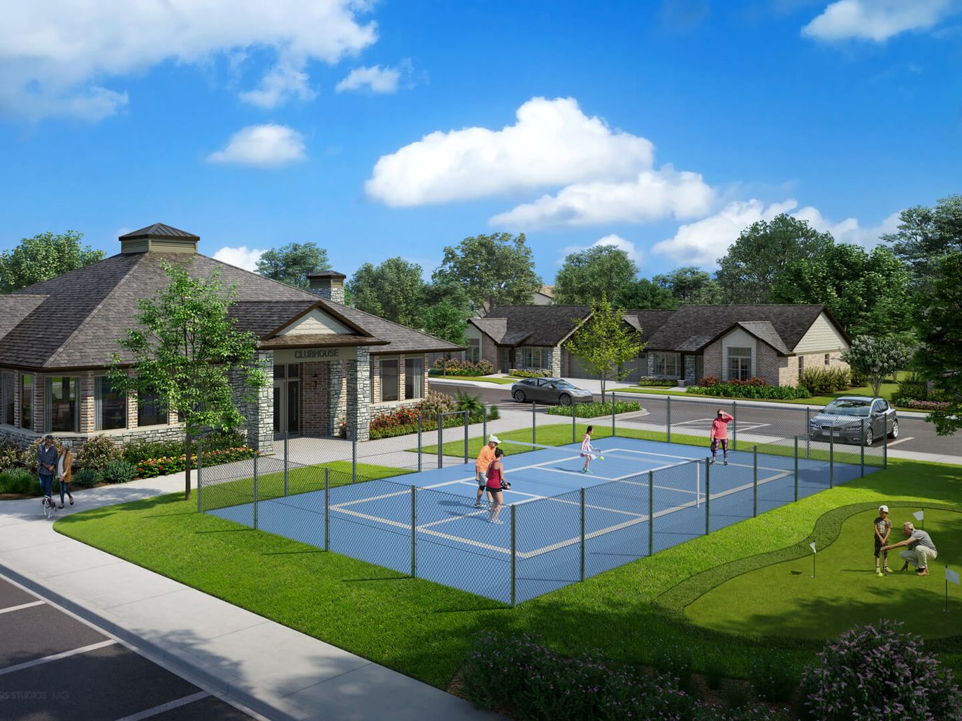 Residents enjoying outdoor tennis courts near the facility