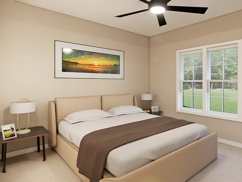A well-furnished interior room with a bed and a scenic painting
