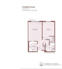 Architectural floor plan of a one-bedroom unit.
