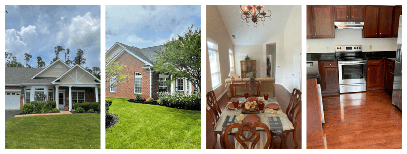 Exterior views of residential buildings and dining area
