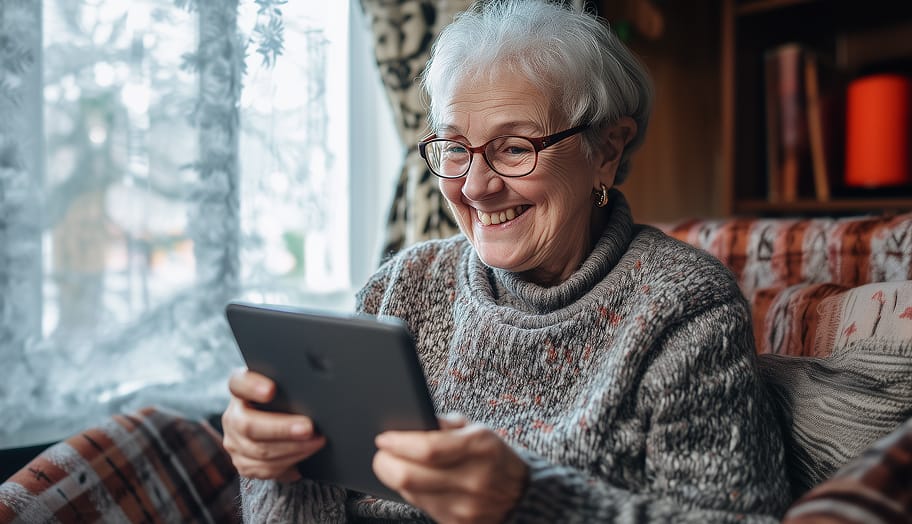 Senior woman smiling while using a tablet in a cozy setting