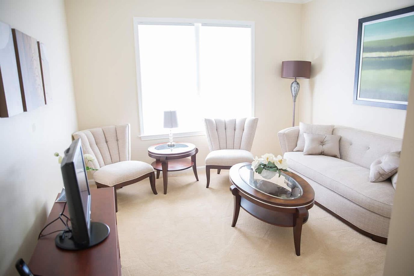Bright interior lounge with seating and decor