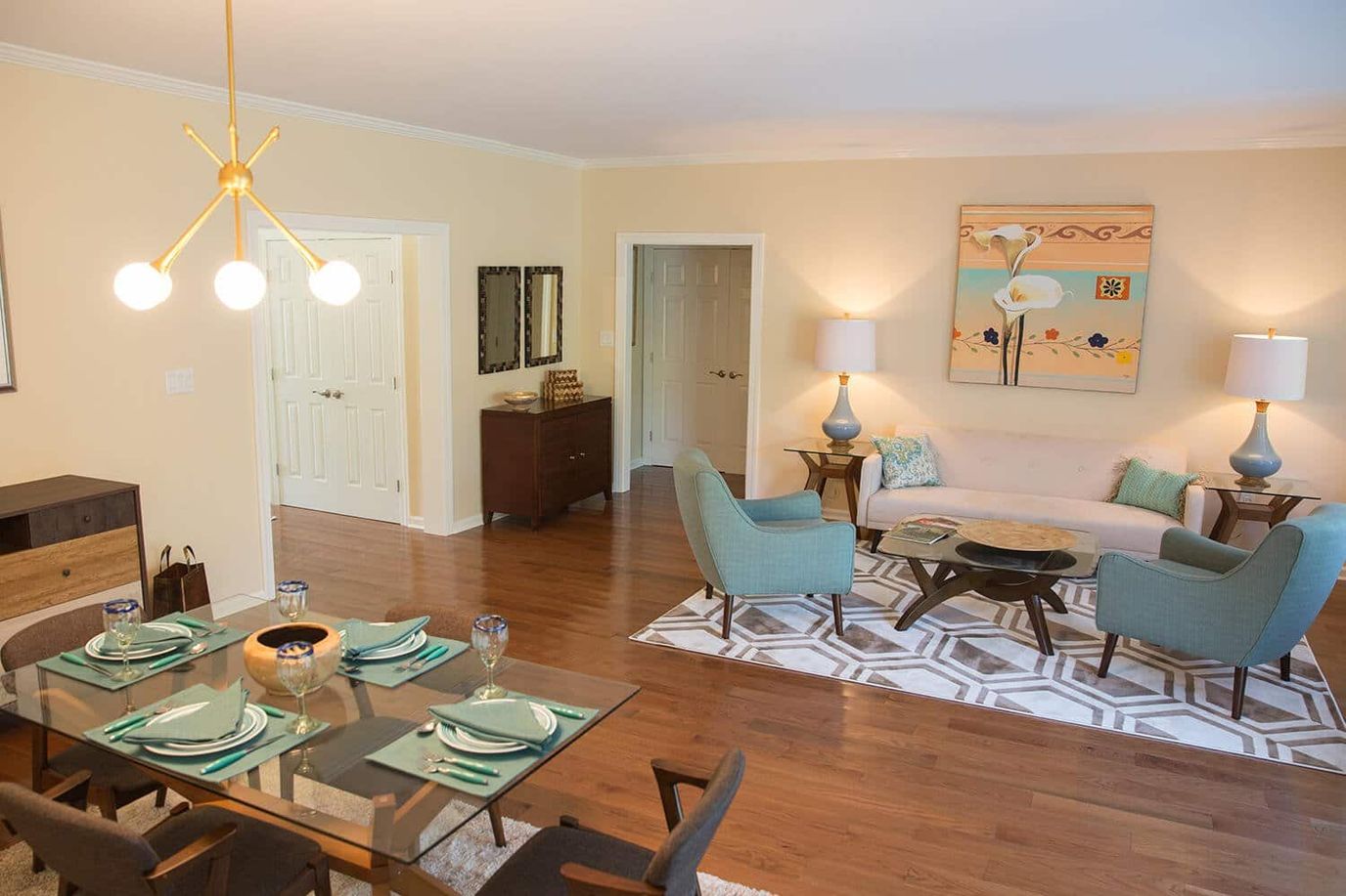 Bright and modern common area in senior living facility