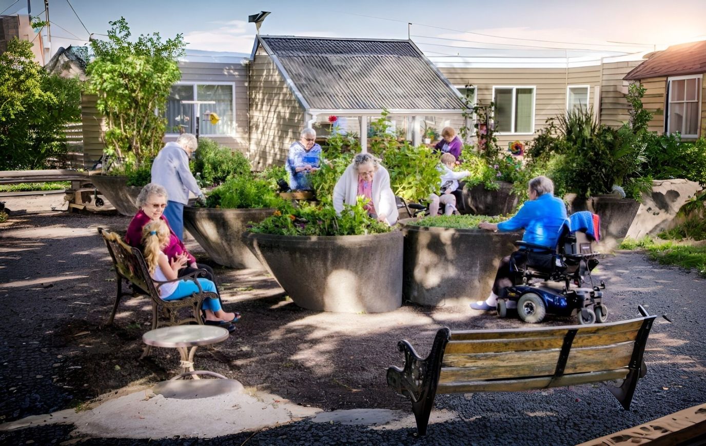 Residents participating in gardening activities outdoors