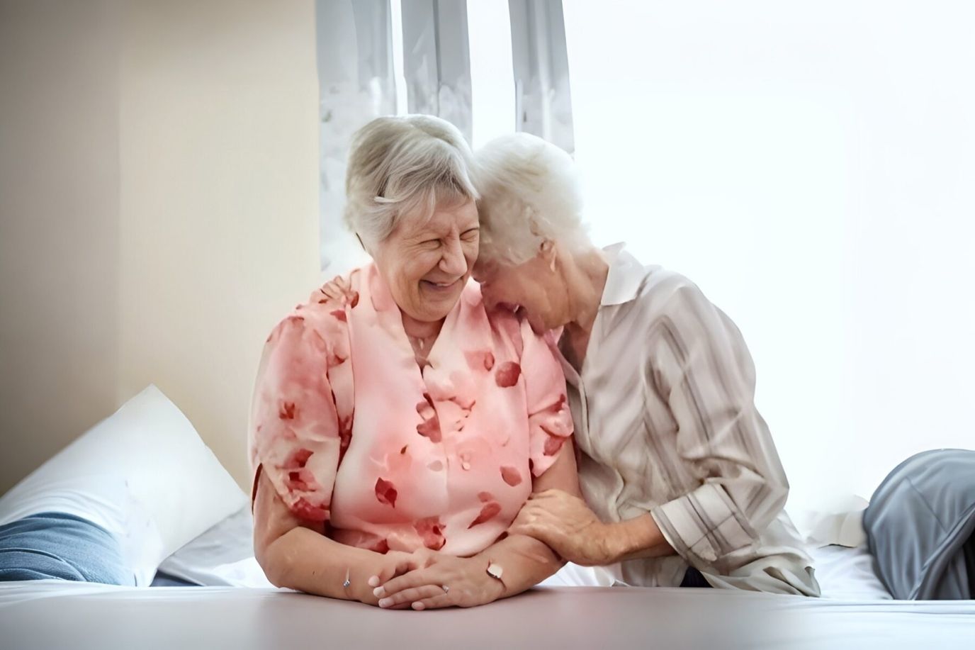 Two elderly women sharing a joyful moment indoors