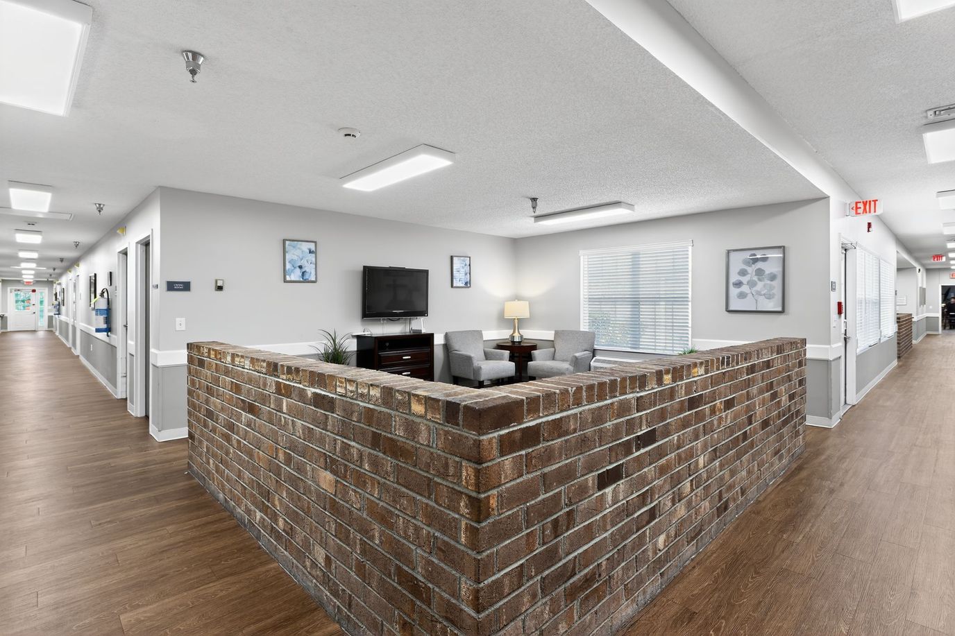 Bright, inviting common area with seating