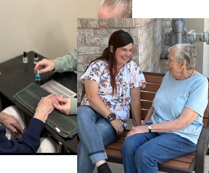 Residents enjoying nail care service with staff interaction