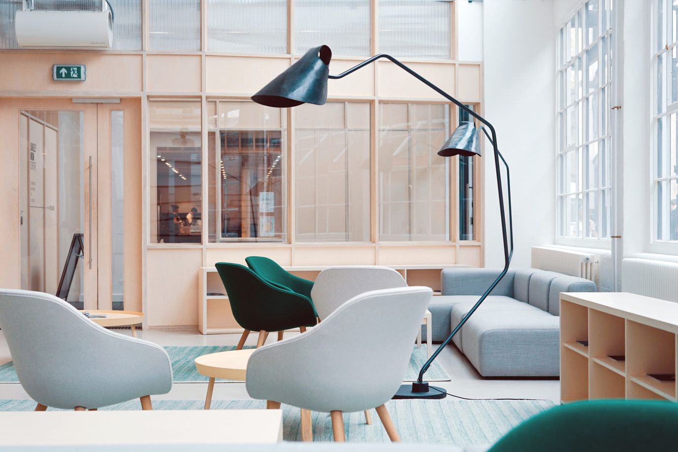 Modern common area with seating and natural light