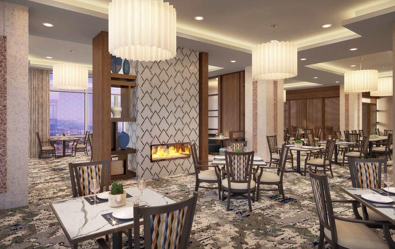 Elegant dining room with modern decor and seating