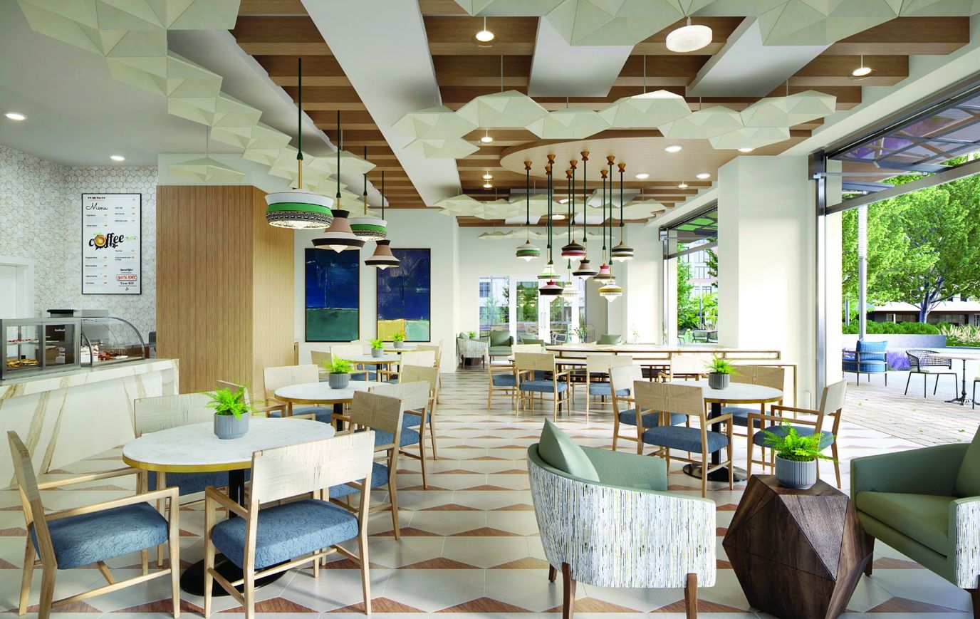 Modern dining area with ample seating and outdoor view