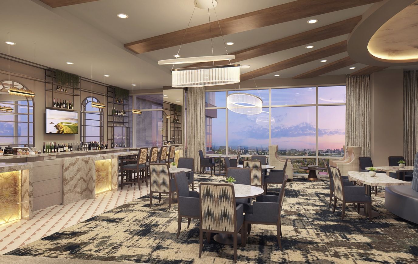 Elegant dining area with modern decor and large windows