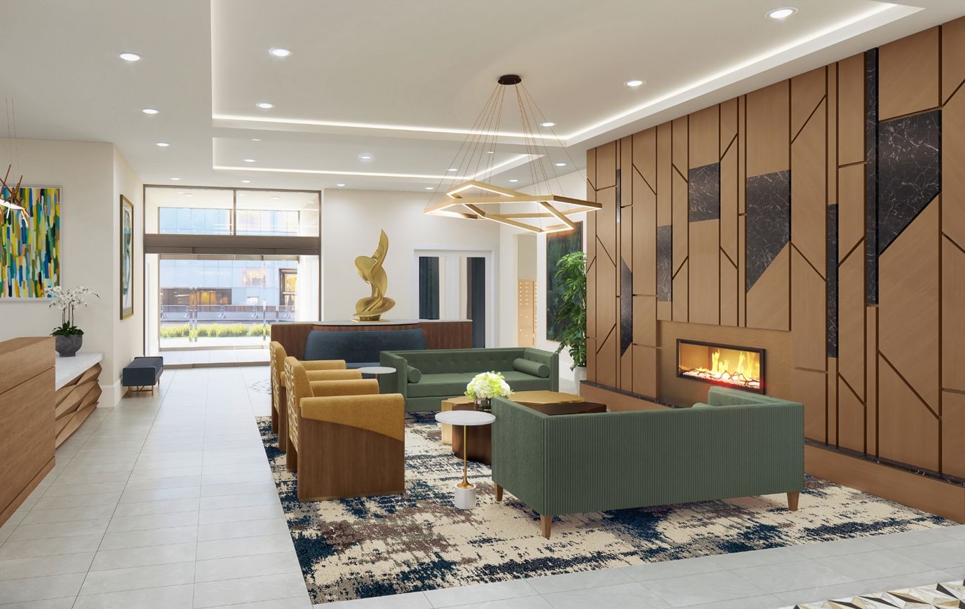 Bright interior of a common area with seating