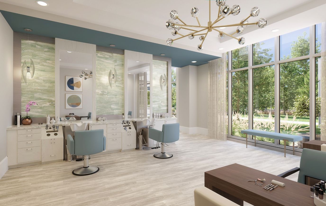 Bright salon area with modern furnishings and large windows