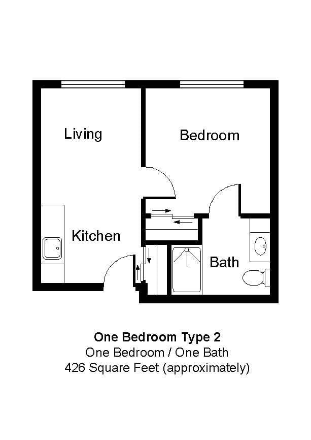 Architectural floor plan for a one-bedroom unit