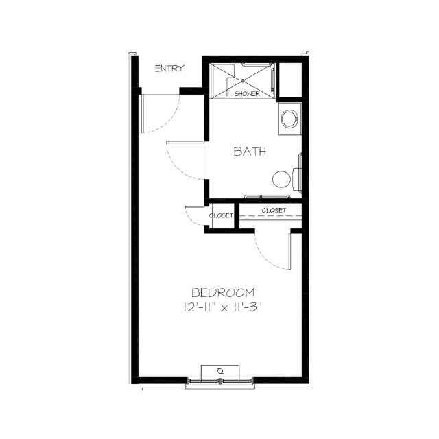 Architectural floor plan of a bedroom with bath