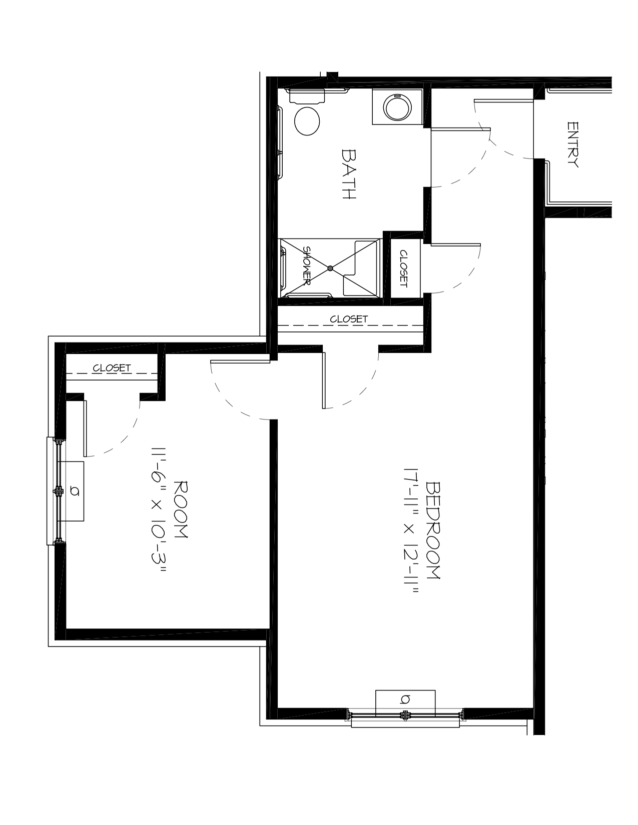 Architectural floor plan of a bedroom and bath