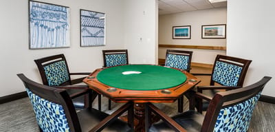 Interior view of a card table set up for games