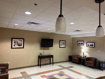 Interior view of a common area with seating