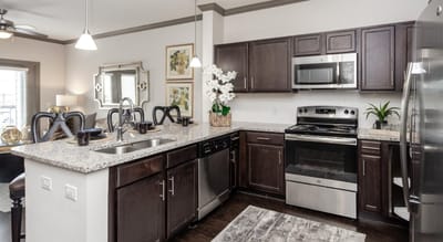 Modern kitchen interior with stainless steel appliances