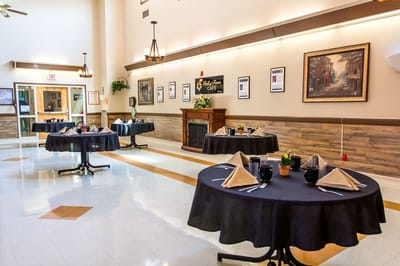 Dining area with neatly arranged tables and decor