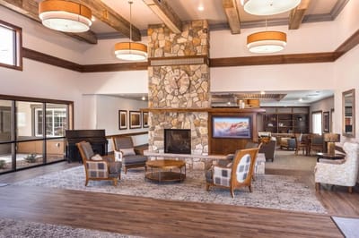 Interior common area with fireplace and seating