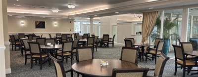 Bright dining room with tables and chairs set