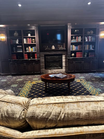 Cozy lounge area with bookshelves and fireplace