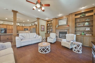 Bright common area with comfortable seating and decor