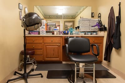 Interior of a beauty salon with hair styling equipment