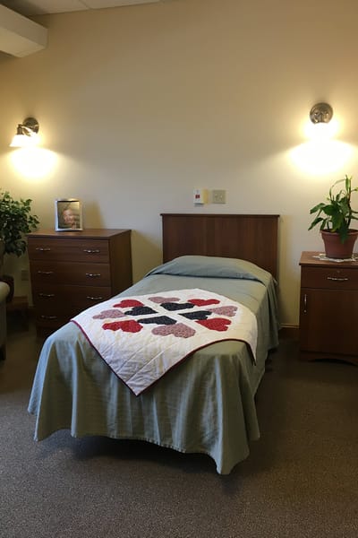 Interior view of a private resident room with a bed and quilt