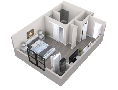 3D rendering of a private resident room layout
