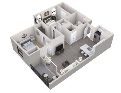 Aerial view of a spacious senior living unit layout