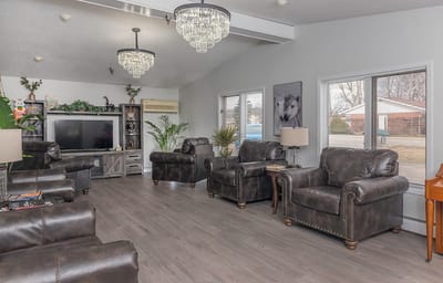 Common area seating in a cozy lounge