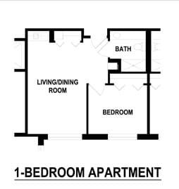 Architectural floor plan of a one-bedroom apartment