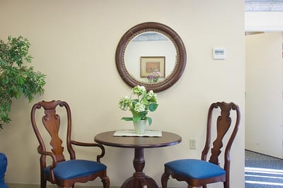 Cozy seating area with plants and a mirror