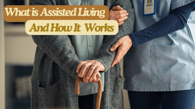 Staff assisting a resident with a cane