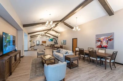 Bright interior common area with seating and decor