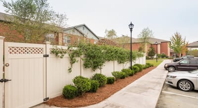 Outdoor pathway with landscaped garden and building facade