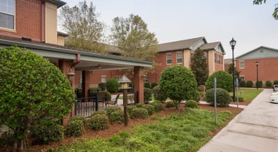 Outdoor view of the facility's landscaped garden area