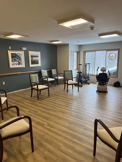 Interior view of a common area with exercise equipment