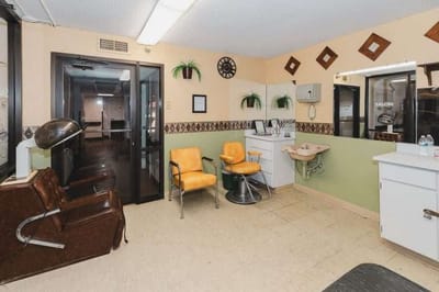 Inside view of a hair salon with styling chairs