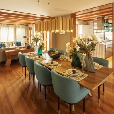 Stylish dining room setup with a large table and elegant decor