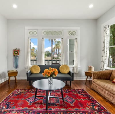 Bright interior common area with seating and decor